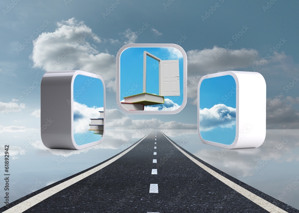 Poster Composite image of open door on abstract screen