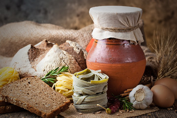 Bread rye spikelets on an old background