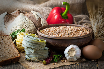 Bread rye spikelets on an old background