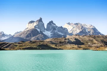 Fotobehang Cuernos del Paine Los Cuernos-formaties in Nationaal Park Torres del Paine, Chili.