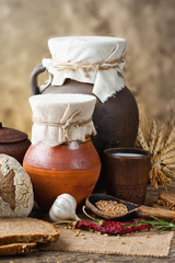 Bread rye spikelets on an old background