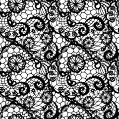 Lace black seamless pattern with flowers on white background