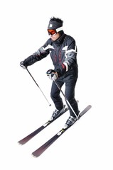 Fototapeta premium One male skier skiing with full equipment on a white background