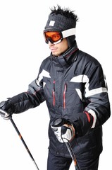 Obraz na płótnie Canvas One male skier posing on a white background