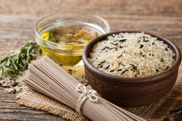 Bread rye spikelets on an old background