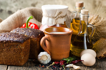 Bread rye spikelets on an old background