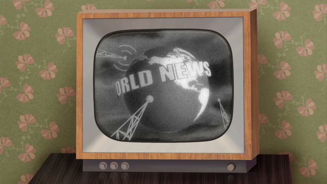 Retro b&w TV showing news, green background & TV test