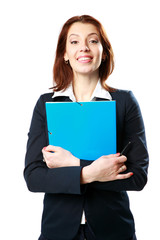 happy businesswoman holding notebook with pen