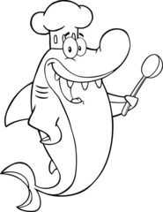Obraz premium Black And White Chef Shark Cartoon Character With Big Spoon