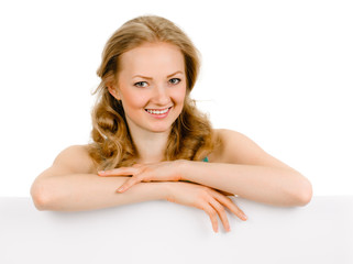 Fototapeta premium portrait of young woman above copy space desk on white