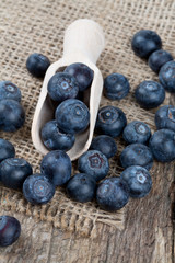 fresh blueberries in a wooden spoon over wooden table