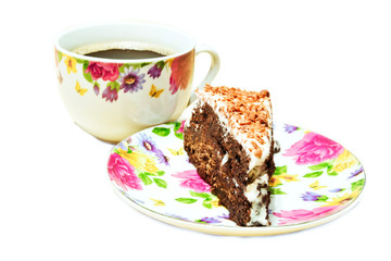 Chocolate cake with cup of coffee. Isolated on white background