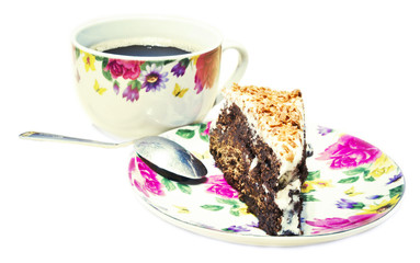 Chocolate cake with cup of coffee. Isolated on white background