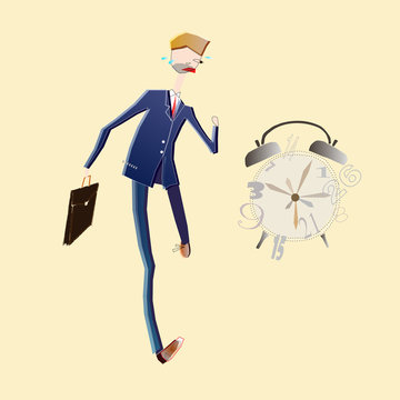 Latecomer business man in hurry with clock