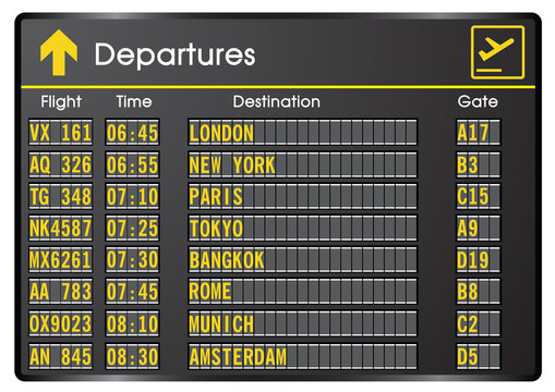 Departure board - destination airports. Vector illustration.