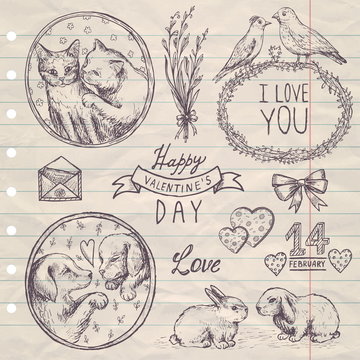 hand drawn vintage set Valentine's Day