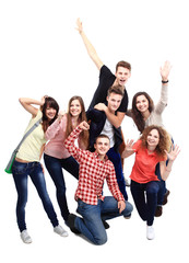 Casual group of excited friends isolated on white 