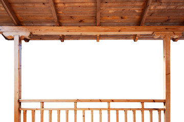 Wooden porch roof and railings isolated on white background