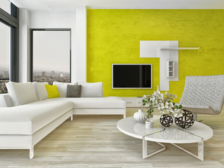 Modern living room interior with green wall