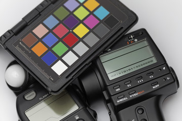 Spot meter, flash meter and test target for professional photogr
