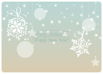 greeting card with christmas decorations and snowfall