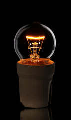 Fototapeta premium A lit light bulb on black background