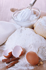 Ingredients for the dough wooden table