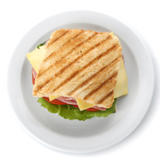 Tasty sandwich with ham, isolated on white