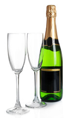 Bottle of champagne and empty glasses, isolated on white
