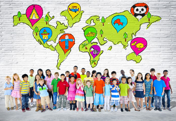Diverse Colorful Multi-ethnic Children with World Map