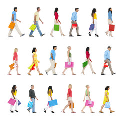 Group of Multi-Ethnic People Walking Forward with Shopping Bags