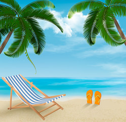 Fototapeta na wymiar Beach with palm trees and beach chair. Summer vacation concept b