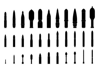 Artillery shells silhouettes set. Isolated on white background.