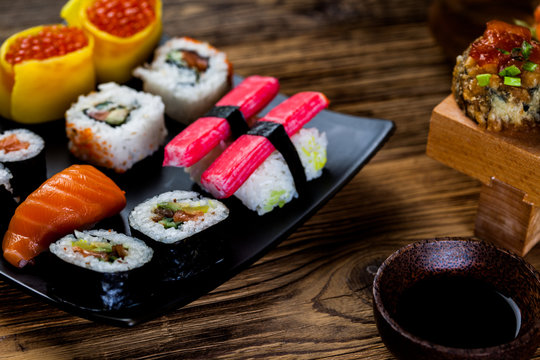 Decorative composition with sushi, Japanese seafood