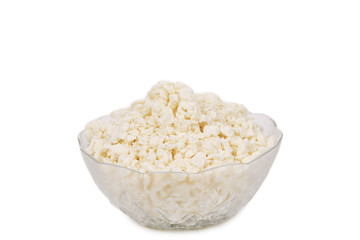 Cottage cheese in glass bowl.