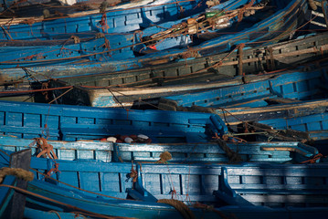 Blue fishing boats  in Essaouira harbor, Morocco, Africa