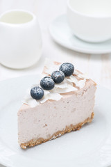 a piece of blueberry and coconut cheesecake, vertical