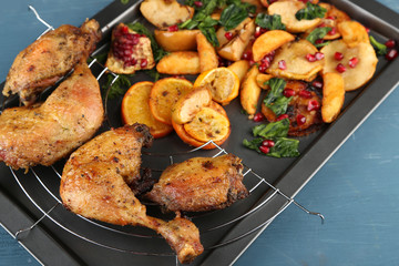 Homemade fried chicken drumsticks with vegetables