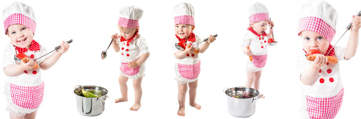 Baby cook girl wearing chef hat with fresh vegetables