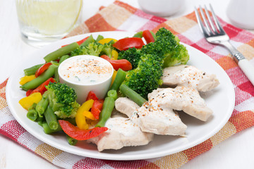 chicken fillet, steamed vegetables and yoghurt sauce on a plate