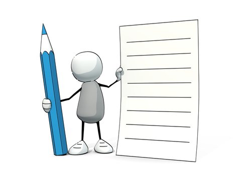 little sketchy man with blue pencil notepad