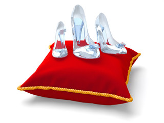 Three glass slippers of different size. Woman's day concept.