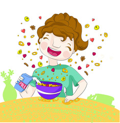 Smiling girl prepares her flakes with fruits and milk