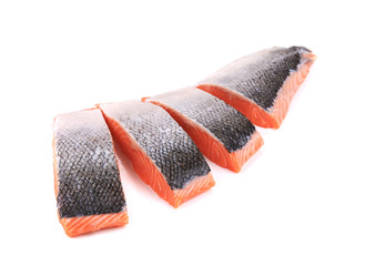 Salmon fillet cut in pieces close up.