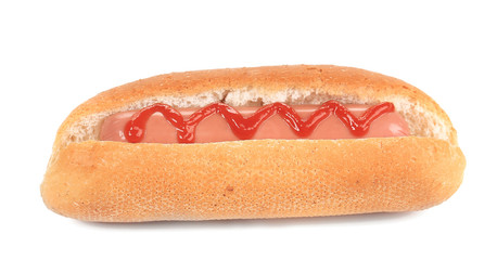 Close up of grilled hotdog with ketchup.