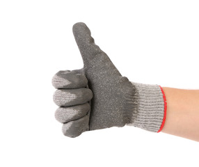 Hand in glove with thumbs up.