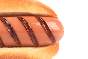 Close up of grilled hotdog.