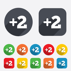 Plus two sign. Add two symbol.