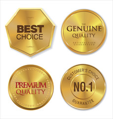 Gold metal badges on white