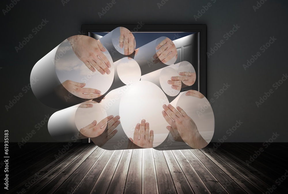 Poster composite image of united hands on abstract screen